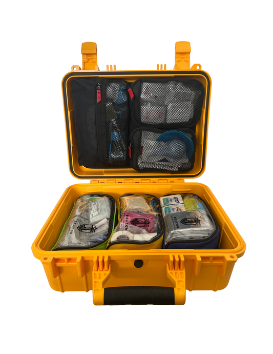 Beacon Kit open hard-shell first aid kit with color-coded pouches